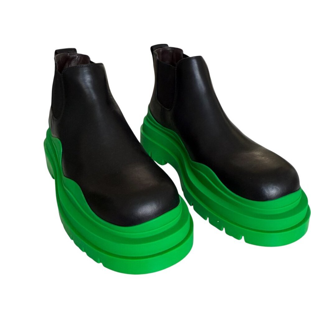 Bottega Veneta Military Calf Black Leather Green Tire Ankle Boot 630281, sz 42.5